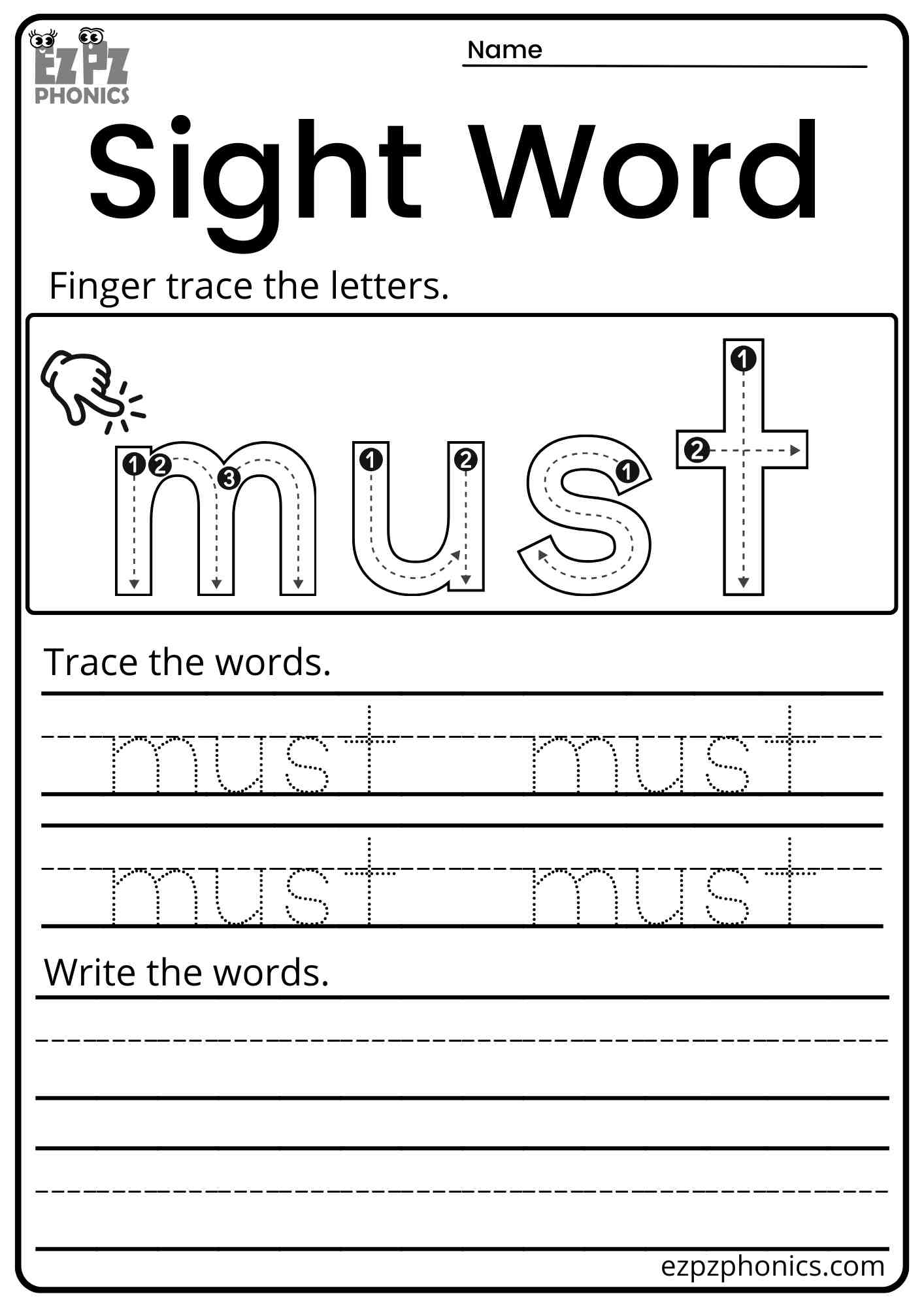 "Must" Dolch Kindergarten Trace and Write the Word Sight Word Worksheet PDF Download